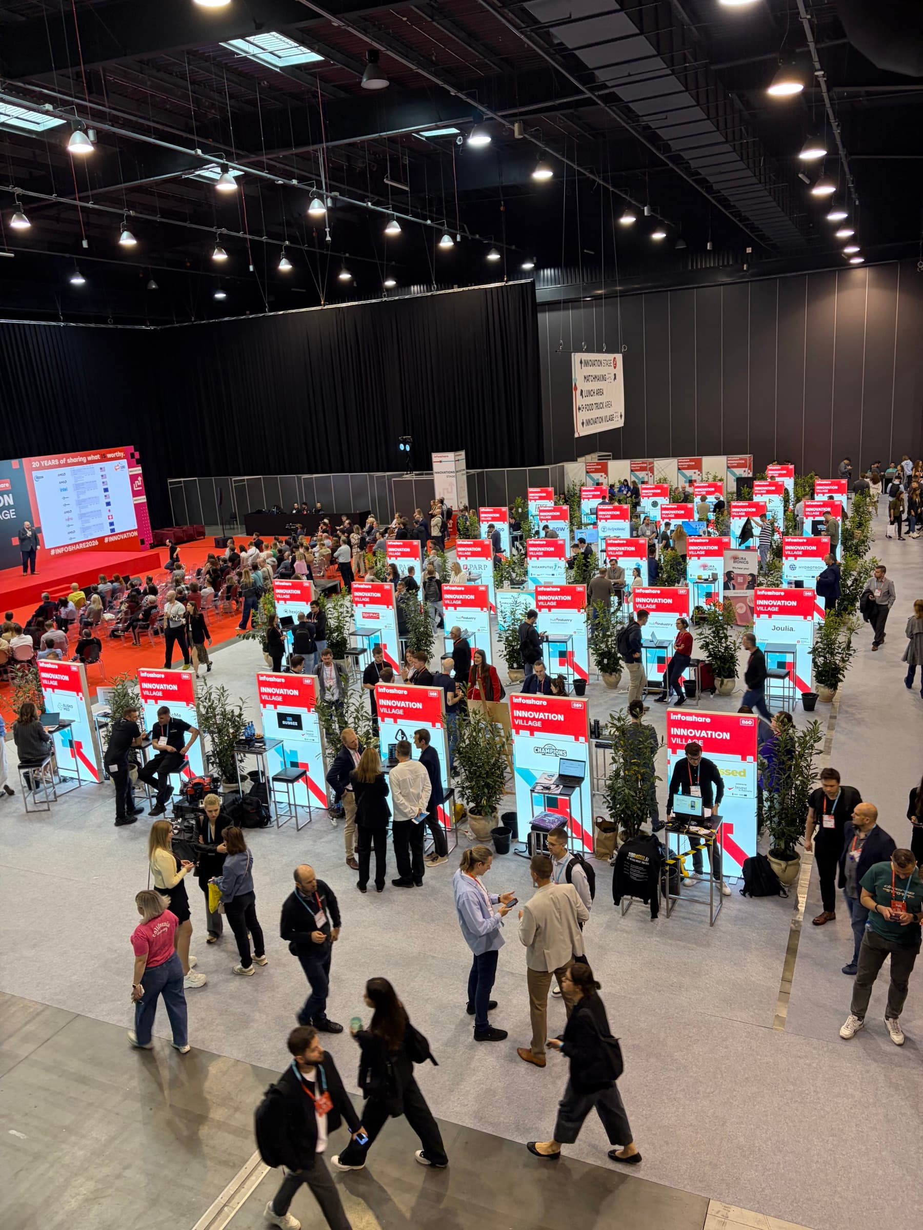 Widok z góry na halę Innovation Village na Infoshare, rzędy czerwonych stoisk i tłum zwiedzających