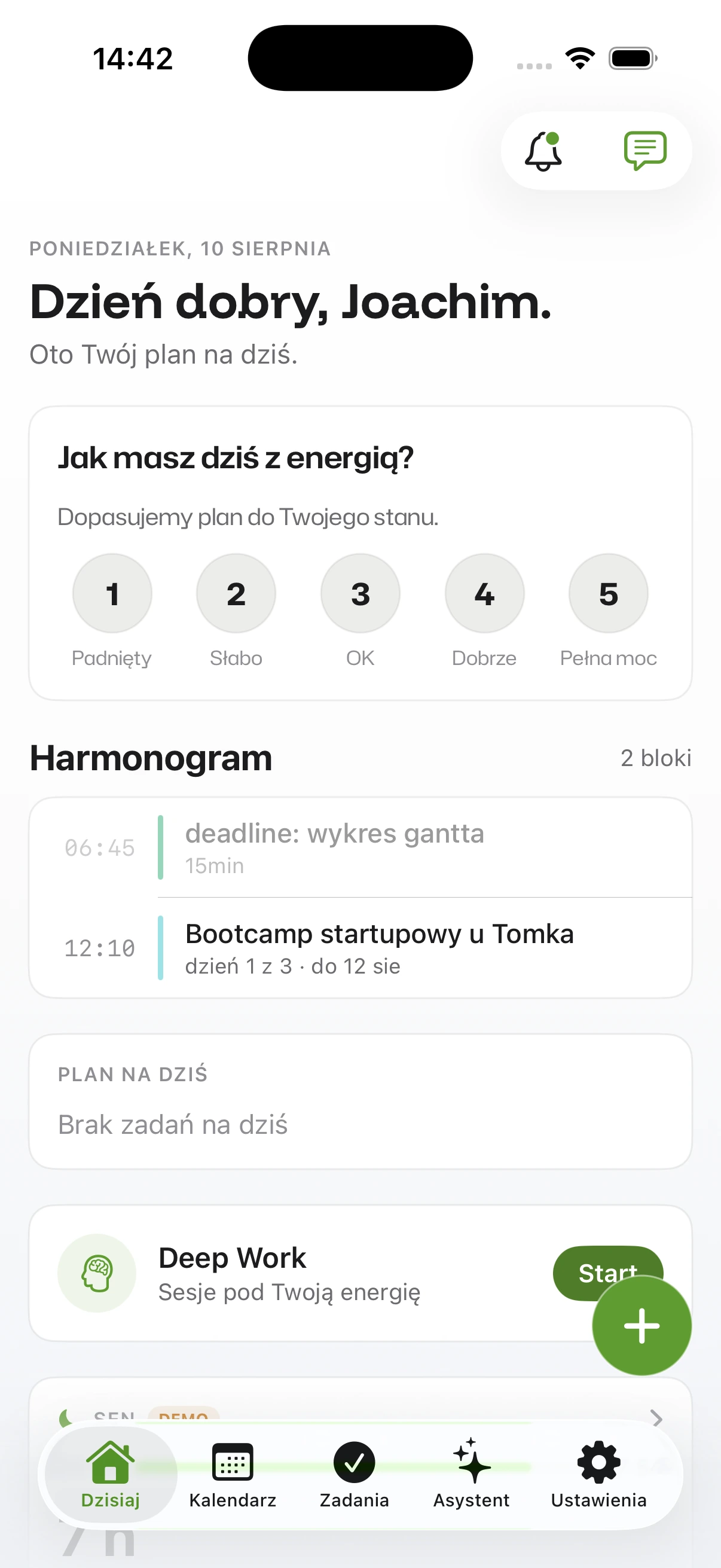 Ekran Dzisiaj z powitaniem, pytaniem o poziom energii w skali od 1 do 5 oraz harmonogramem dwóch bloków